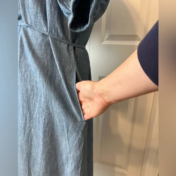 J. Crew Blue Denim Midi Dress with Smocked Neck - Picture 11 of 14